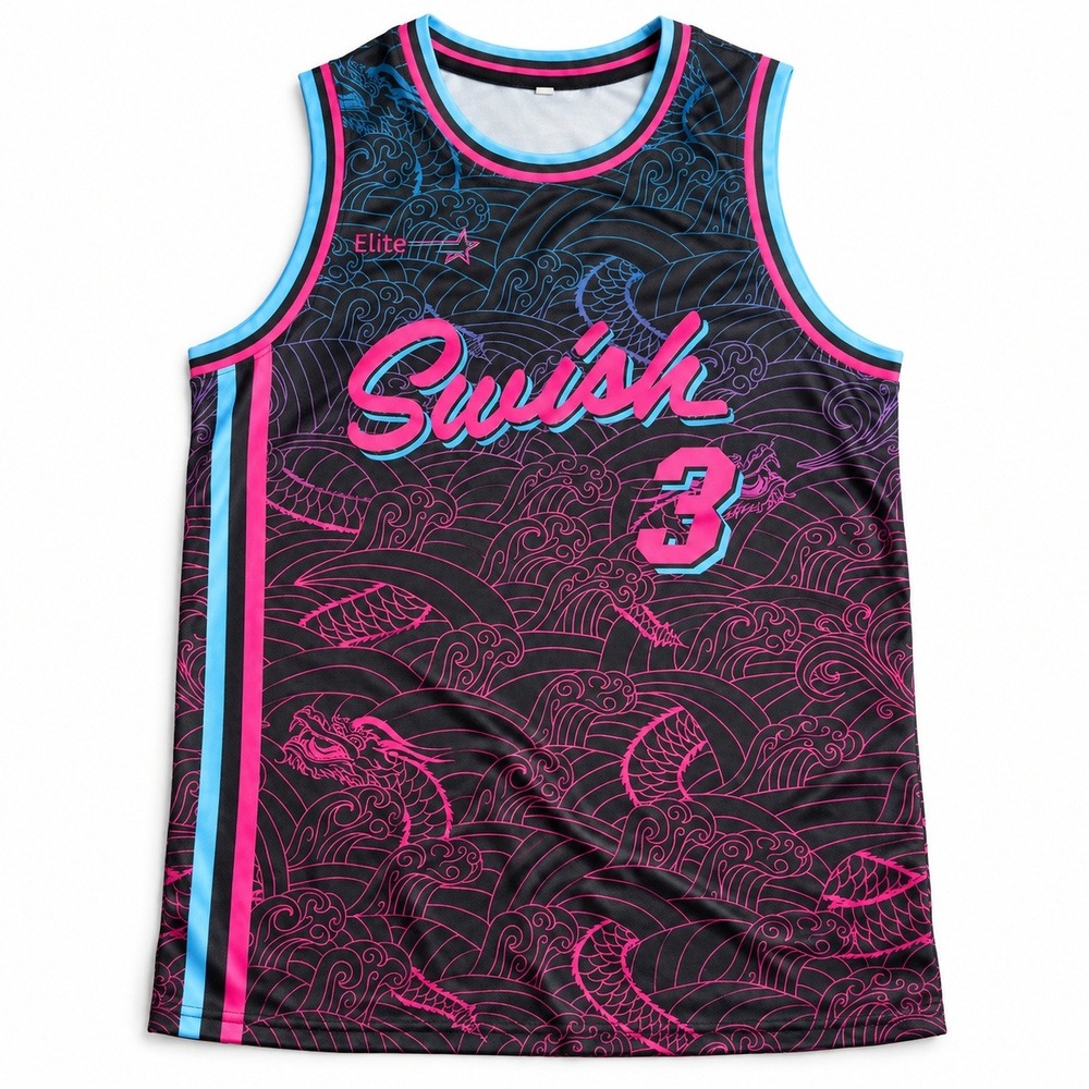 Elite Swish Tomasson 3 Basketball Jersey Mens Large Black Pink Dragon Wave Print